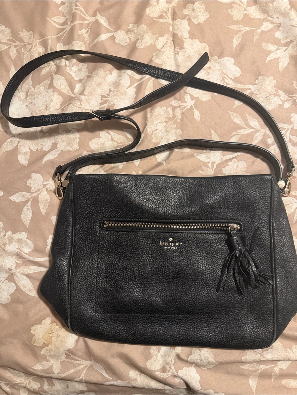 kate spade Black Pebbled Leather Crossbody with Tassel Accent